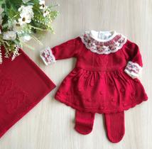Saída de maternidade de menina vestido pipoca em tricot 4 peças