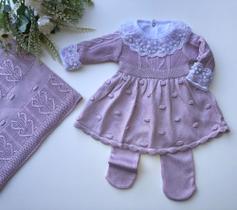 Saída de maternidade de menina vestido pipoca em tricot 4 peças