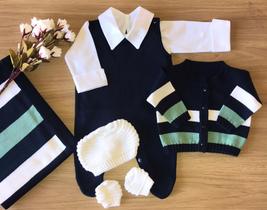 Saída de maternidade de menino listrada em tricot 4 peças