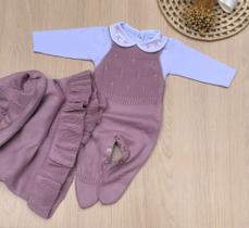 Saída de maternidade menina Anna macacão em tricot 3 peças Saída de maternidade menina Anna macacão em tricot 3 peças