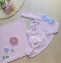Saída de maternidade menina Belize bordado de flores em tricot 3 peças Saída de maternidade menina Belize bordado de flores em tricot 3 peças