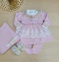 Saída de Maternidade Menina Vestido Tricot Luxo com renda 6 Peças Saída de Maternidade Menina Vestido Tricot Luxo com renda 6 Peças
