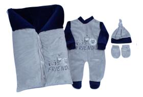 Saída de Maternidade Menino com Saco de Dormir 04 Peças em Plush Quente Bordado Safari Cinza