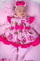 Saida de Maternidade Para Bebe Menina com Vestido Salmão Floral Pompom 05 peças - Pandora Baby Enxovais
