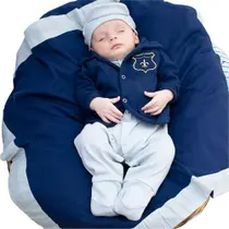 Saída de Maternidade Para Bebê Menino Artur Marinho e Cinza Com Colete 05 Peças - Amora Baby Enxovais