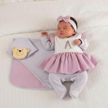 Saída de Maternidade Personalizada Lilás Para Bebê Kit 05 Peças com Manta Naninha