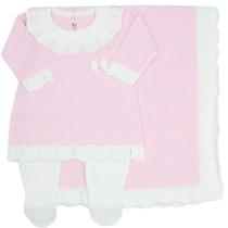 Saída de Maternidade Tricô Vestido Gola Rosa