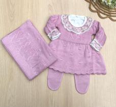 Saída de Maternidade Vestido Menina Pipoca Dinhos Baby 4 peças