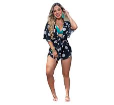 Saída De Praia Aberta Conjunto Camisão Manga Curta Short Estilo Kimono Curto