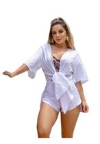 Saída De Praia Aberta Conjunto Camisão Manga Curta Short Estilo Kimono Curto - Bya.Bikini