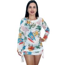 Saída de praia camisão blogueira franzido manga longa