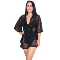Saída de praia conjunto kimono camisão + shorts texturizado