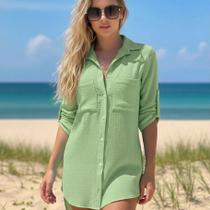 Saída de Praia Feminina Tipo Camisa Manga 3/4 com Botões Moda Verão Saída de Praia Feminina Tipo Camisa Manga 3/4 com Botões Moda Verão