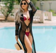 Saída de Praia Feminino Manga Longa Tricot Verão Estilo Estilosa Transparente Blogueira