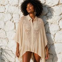Saída de Praia Kaftan Feminina Bata Chemise Camisão Oversized Boho Azul Marinho ou Bege com Detalhes em Renda e Gola Tradicional Saída de Praia Kaftan Feminina Bata Chemise Camisão Oversized Boho Azul Marinho ou Bege com Detalhes em Renda e Gola Tradicional