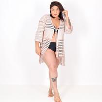 Saída de Praia Kimono de Renda com Franja Bege Saída de Praia Kimono de Renda com Franja Bege