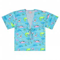 Saída de Praia Kimono Infantil Menina Azul com Estampa com Proteção UV Azul Dinossauro Quimby Original