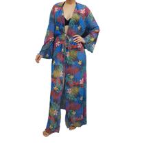 Saída De Praia/ Kimono Longo Estampado Tule Com Tranparência
