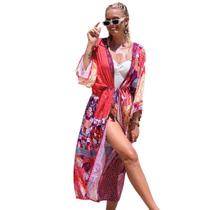 Saída de Praia Longa Estampada Túnica Kimono Elegant Piscina - Saída de Praia Longa Estampada Túnica Kimono Elegant Piscina -