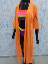 Saída de Praia Longa Feminina Manga 3/4 Babado Fenda Lateral dois Lados