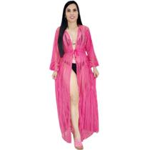 Saída de praia longa listada manga babados cinto ajustável Saída de praia longa listada manga babados cinto ajustável