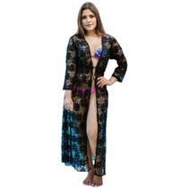 Saída de praia longa rendada arrastão manga 3/4 com cinto