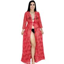 Saída de praia longa rendada arrastão manga 3/4 com cinto