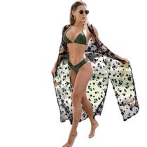 Saída de Praia Longa Tule Floral Transparente Elegante Diva