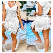 Saida De Praia Luxo Vestido Curto Tricot Babado De Franja Com Fenda Lateral