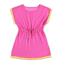 Saída de Praia Menina em Tela Touch Aplique de Miçangas Rosa Neon
