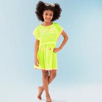 Saída de Praia Menina em Tela Touch Aplique de Miçangas Verde Neon Saída de Praia Menina em Tela Touch Aplique de Miçangas Verde Neon