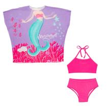 Saída De Praia Tule Kimono + Biquíni Liso Menina Infantil Saída De Praia Tule Kimono + Biquíni Liso Menina Infantil