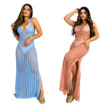 Saída De Praia Vestido Em Tricô Rendão Conforto Cores Verão