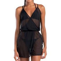Saída de Praia Vestido Tule Transparente Curta Decote V Poliéster She
