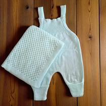 Saida maternidade 2 pçs tricot jardineira virapé e manta recem nascido menino e menina