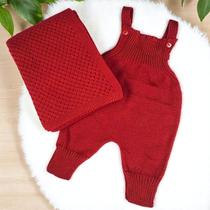 Saida maternidade 2 pçs tricot jardineira virapé e manta recem nascido menino e menina