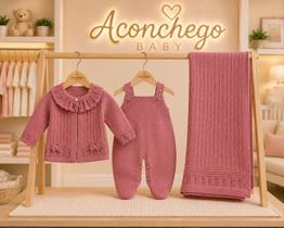 Saída maternidade 3pçs em tricô luxo cor rose para menina betania