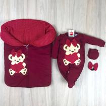 Saída maternidade bebê menina com saco de dormir bodado ursa coração macio