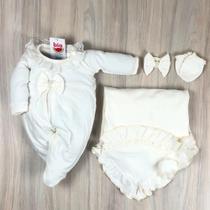 Saída maternidade bebê menina Melissa com renda e pérola delicada e laço de cabelo