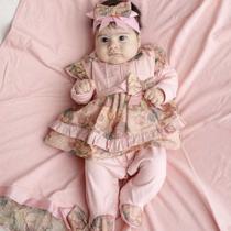 Saída Maternidade Boneca Floral Rosê com Babadinhos Bebê Menina 04Peças