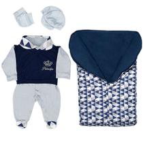 Saída Maternidade Com Porta Bebê Menino Gabriel Azul Marinho 05 Peças