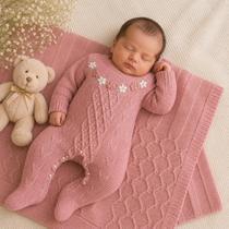 Saída Maternidade de Tricot Luxo Macacão e Manta Bebê Menina