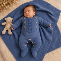 Saída Maternidade de Tricot Luxo Macacão e Manta Bebê Menino Saída Maternidade de Tricot Luxo Macacão e Manta Bebê Menino