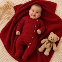 Saída Maternidade de Tricot Luxo Macacão e Manta Bebê Menino Saída Maternidade de Tricot Luxo Macacão e Manta Bebê Menino