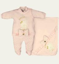 Saída Maternidade-Kit Macacão e manta - Ambos em Suedine com bordado Baby Cat e Laço - Bicho Molhado