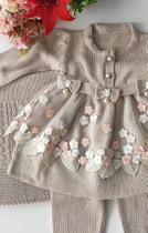 Saída maternidade luxo tricô 3 peças - Vestido, manta, calça