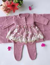 Saída maternidade luxo tricô 3 peças - Vestido, manta, calça