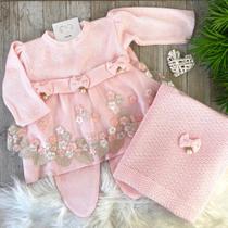 Saída Maternidade Menina Vestido Pingentes Renda Colors - Rosa - Manta Vestido e Calça P