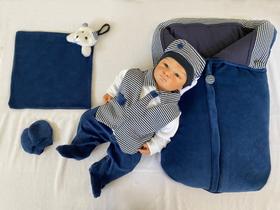 Saída Maternidade Menino Inverno Plush Azul E Branco com Gravata Colete e Naninha - BellaDonna baby