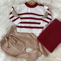 Saída Maternidade Tricot Calça e Suéter com Manta Vermelho, Bege e Off White Roupas Infantis Moda Infantil Criança Recém Nascido